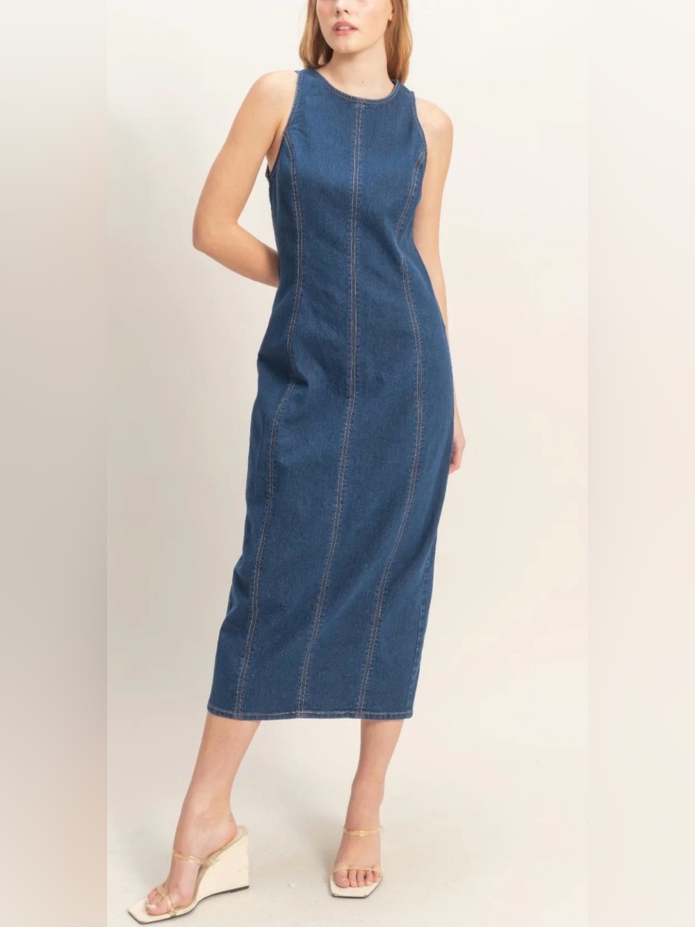 Classic Blue Denim Midi Sheath Dress - Women's